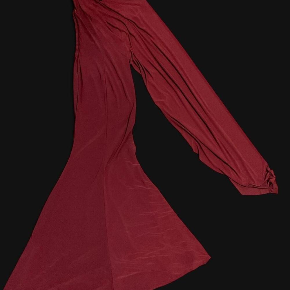 Club L London Burgundy Draped Maxi Dress Oxblood Formal Gown Side Zip US 2